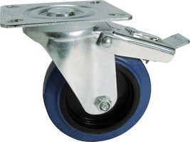 Průmyslová kolečka s brzdou – běhoun z modré pryže, otočná základna, plastový disk.